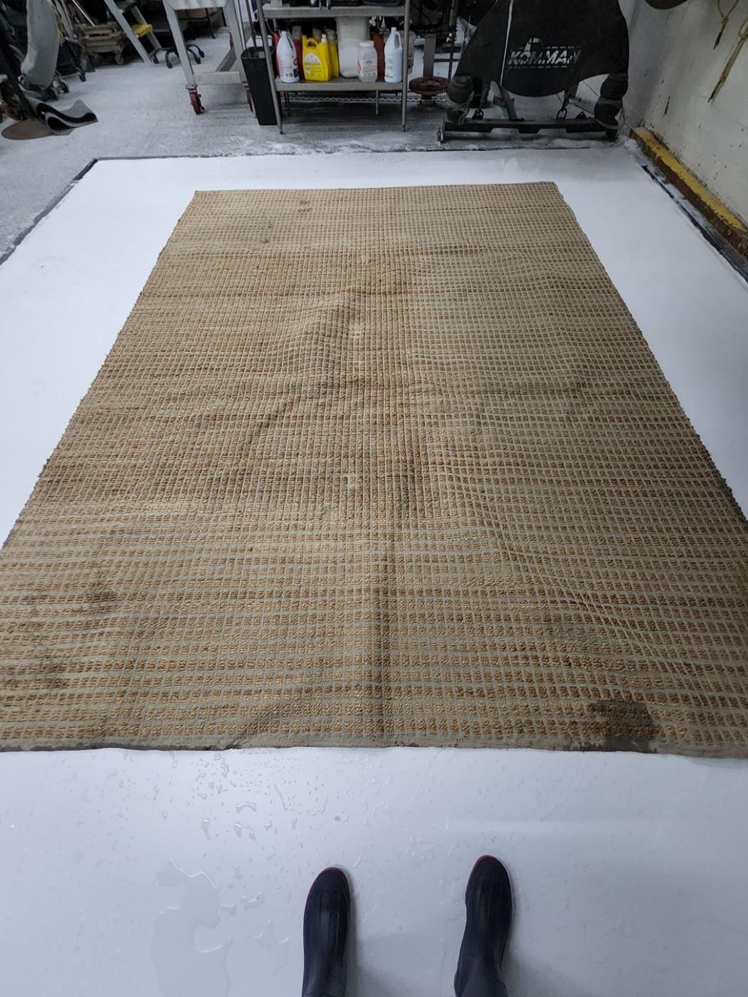 Beige striped area rug with dark spots near one edge, before cleaning